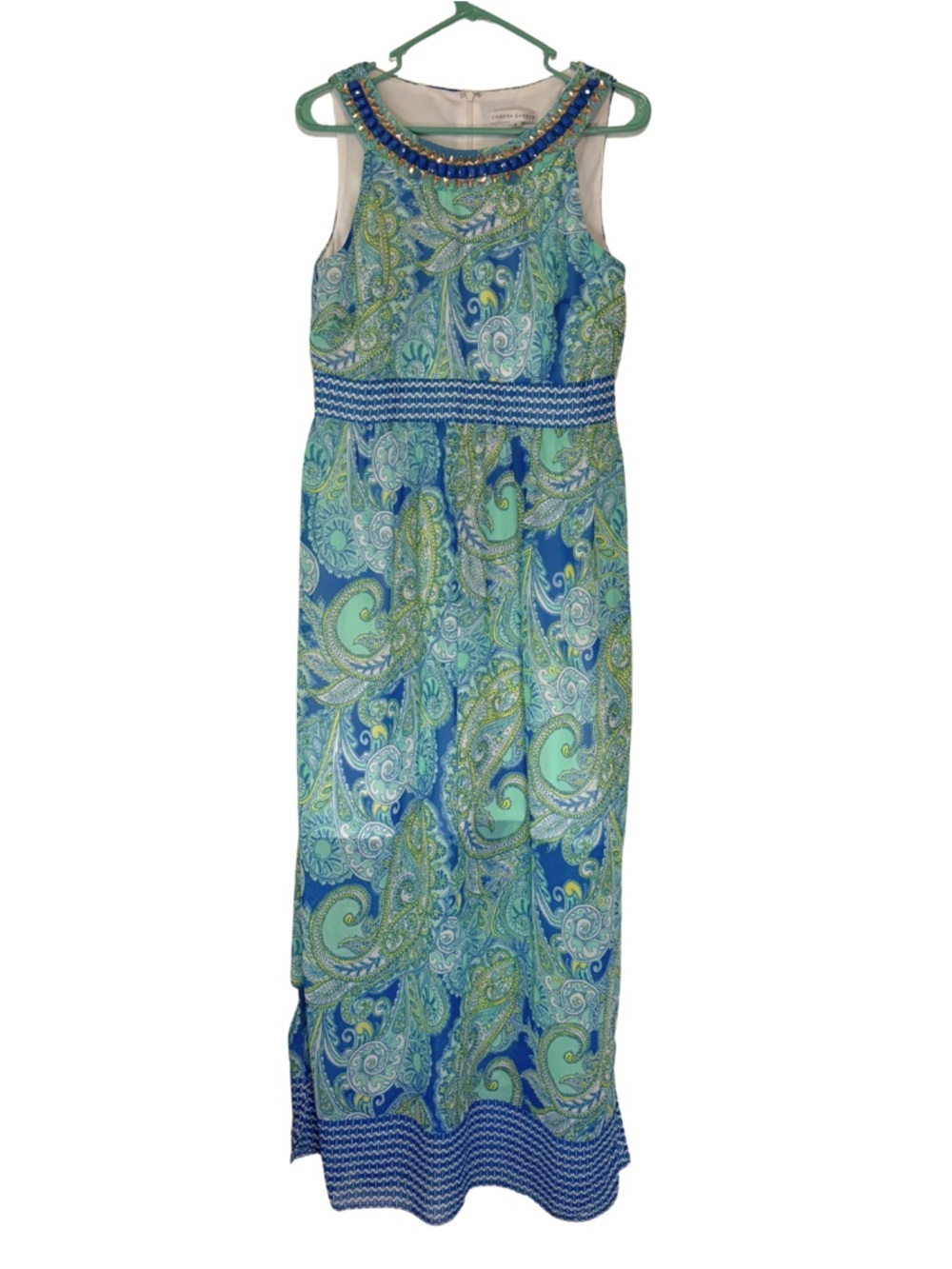 Sandra Darren Blue Green Paisley Maxi Dress with Beaded Neckline